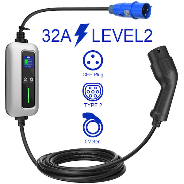 16A to 32A Adjustable Type 2 Level 2 EV Charger 3Pin CEE Plug
