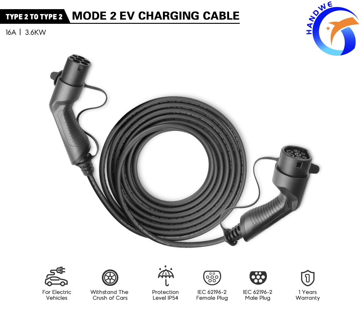 EV Cable（16A 3.6kW）With 16ft/5m Type 2 Female to Male charging gun.jpg