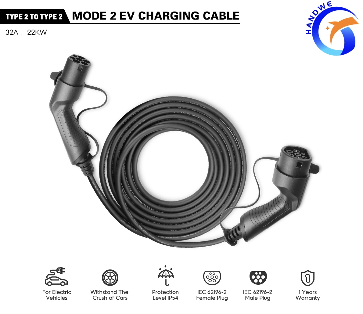 EV Cable (32A 3 Phase 22kW) with 16ft/5m Type 2 Female to Male